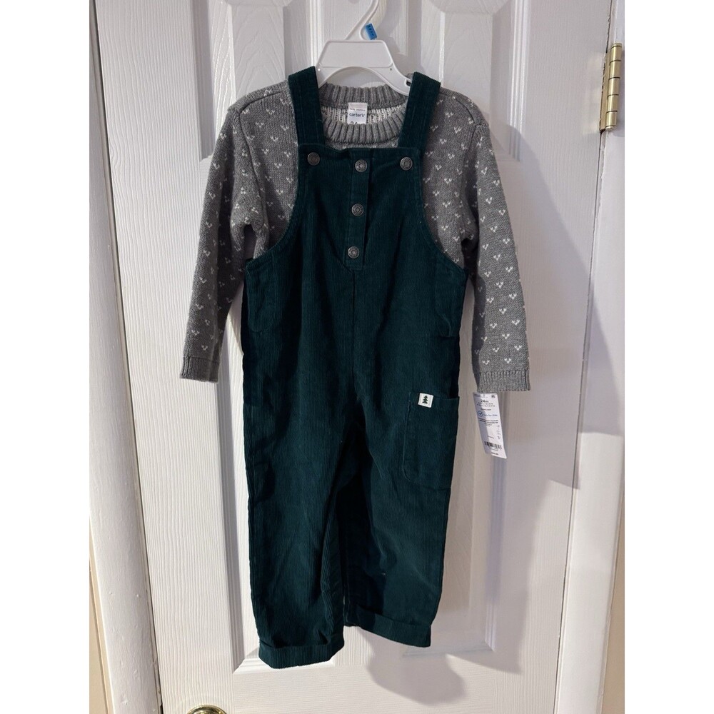 Carters Baby boy 2-piece green corduroy overalls & Sweater Size 24 Month New